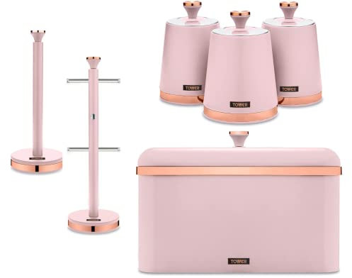 TOWER Cavaletto Contemporary Kitchen Storage Set of 6 Items. Bread Bin, Tea, Coffee & Sugar Canisters, Mug Tree & Towel Pole. Stylish Matte Pink Finish with Elegant Rose Gold Accents