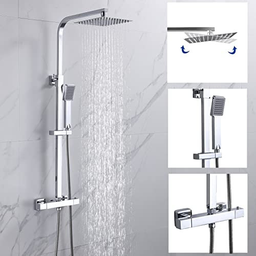 Bathroom Thermostatic Shower Mixer Set Handheld Shower and with Adjustable 8 Overhead Rainfall Shower Head Twin Head & Body Chrome Plated Set