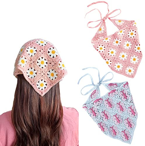 2 Stück Häkelhaar Bandana Floral Haar Schal Boho Kopftuch Vintage Stirnbänder Dreieck Haargummi Handgemachte Haarschmuck für Mädchen Frauen (Rosa/Schmetterling)