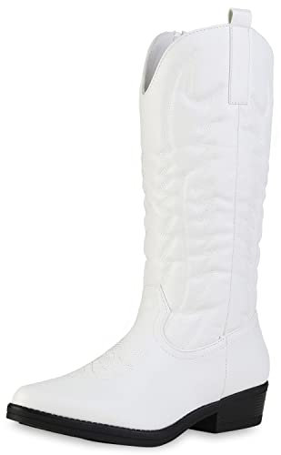 VAN HILL Damen Leicht Gefütterte Cowboystiefel Stiefel Blockabsatz Schuhe Stickereien Boots Spitze Western Freizeitschuhe 207002 Weiss 39