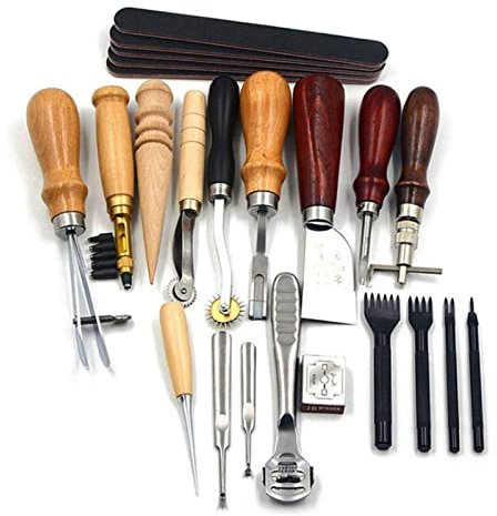 19pcs / Set Artesanía de Cuero, Herramientas Juego de Herramientas de Costura de Artesanía en Cuero Punzón Tallado Hecho a Mano DIY Groover
