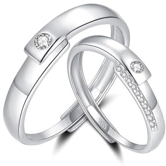 Bewenda Silber Paar Ringe, 925 Sterling Silber Partner Ringe für Damen & Herren, Verstellbar Partnerringe Verlobungsring Hochzeitsring, Offen Eheringe Band Ring Set mit Weiß Zirkonia Geschenkbox