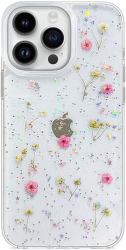 Efitoo for iPhone 15 Pro Max Case Clear Pink Flower Design Cute Bling Glitter Sparkly TPU Real Dried Pressed Flowers Floral Aesthetic Protective Women Girl's Phone Cover (Pink Gypsophila)