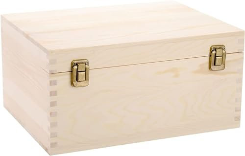 MSYU Extral Large Unfinished Wooden Box, 33 x 25 x 16cm Natural Pine Wood Box with Hinged Lid and Front Clasp for DIY Crafts, Hobbies, Gifts, and Jewelry