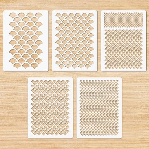 Molain 5 Stück Fischschuppen Schablonen, Malerei Zeichenschablonen, Wiederverwendbar Kunststoff Schablonen Vorlagen DIY Kunst Mal Vorlagen für Make-up Schablonen Malerei Backen Handwerk Wand Möbel