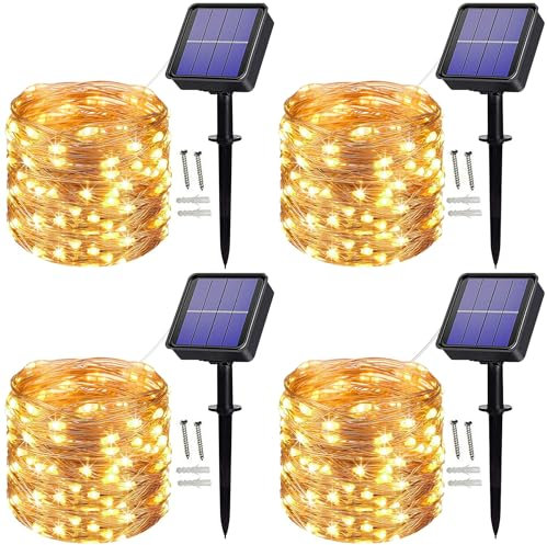 Augone 4 Pack Solar Fairy Lights, 120 LED 12M/33Ft 8 Modes Solar String Lights Waterproof Outdoor/Indoor Garden Lights Copper Wire Lighting for Wedding, Patio, Yard, Festoon, Christmas(Warm White)