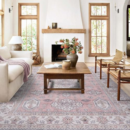 Taleta ALU - Tappeto lavabile, per soggiorno, grande, rosa, antiscivolo, morbido, a pelo corto, vintage, orientale, per camera da letto, cucina, sala da pranzo (rosa, 160 x 230 cm)