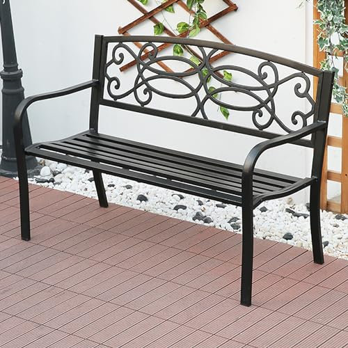 DJJYCTNM Gartenbank mit Rückenlehne und Armlehnen, Gusseisen Wetterfeste Parkbank 2-Sitzer Elegante Außenbank Terrassenbank mit Vogeldekor(Color:Black-1)