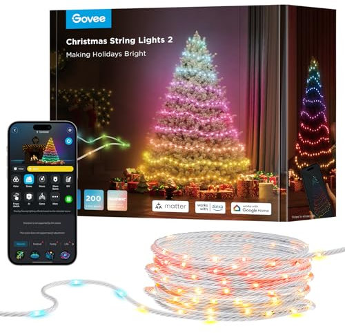 Govee Christmas String Lights, Christmas Decorations Indoor, 20M RGBWIC Lights with Shape Mapping Technology, App Control with 130+ Dynamic Scene Modes, Sync with Music, Transparent Cables