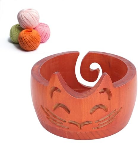 Wooden Yarn Bowl, Crochet Yarn Holder Cat Crochet Bowl Crochet Yarn Holder Handmade Holder with Holes (16 * 16 * 10cm)