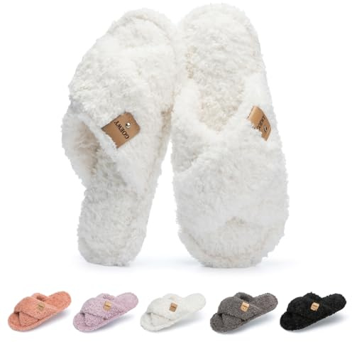 GOEWY Fuzzy Open Toe Slippers for Women Indoor and Outdoor with Memory Foam Cozy Cross Band Cute Slipper Soft House Shoes Slides Slip On Gifts for Women Mom Her Ladies Bridesmaid White