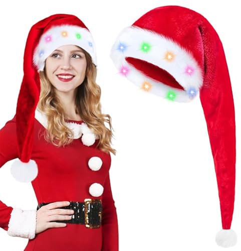 Lang Weihnachtsmütze,Weihnachtsmütze Erwachsene Nikolausmütze LED Lichter Weihnachtsmützen Rot Plüsch Weihnachtsmann Mütze mit Dicker Fellrand LED Mützen Santa Mütze für Herren Damen Weihnachtsfeier
