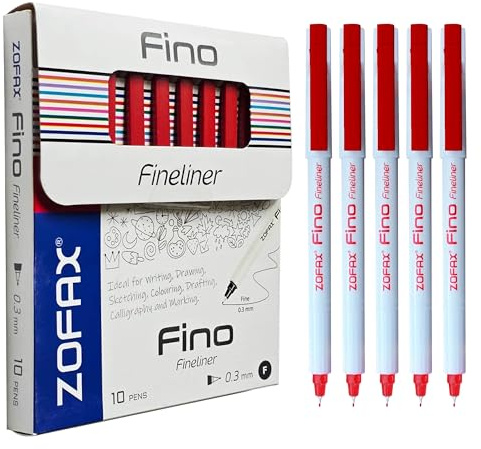 ZOFAX Fino Fineliner Pens, RED, Extra Fine Point (0.3mm), Pack of 10, Precise Write Sketch Draw Colour, Ideal for Artists Architects Technical Drawing Calligraphy, Ergonomic Design, Comfort Grip