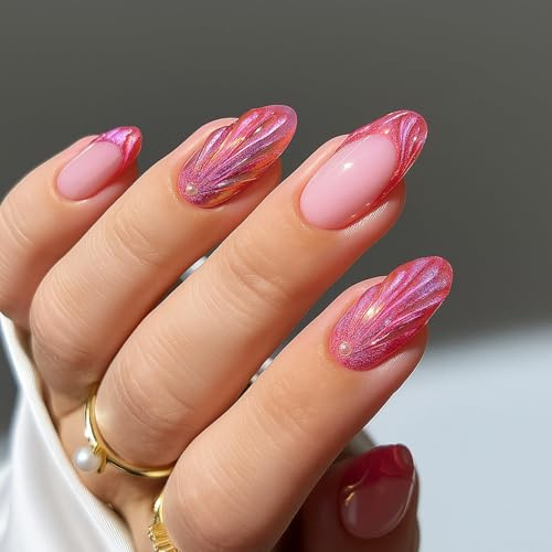 Iridescent Shell Glossy Almond Press On Nails With Pearl Embellishments - 24Pcs Short Artificial Nail Tips For A Glamorous Manicure Set Featuring A Holographic Gradient Effect In Pink And Red Tones,