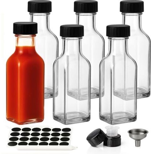WERTIOO 150ml/5oz Glass Hot Sauce Bottle, 6 pcs Square Condiment Bottles with Leak Proof Screw Caps&Funnel,Small Glass Bottles for Hot Sauces,Oil,Liquor,Home Brewing Wine,Salad Dressings