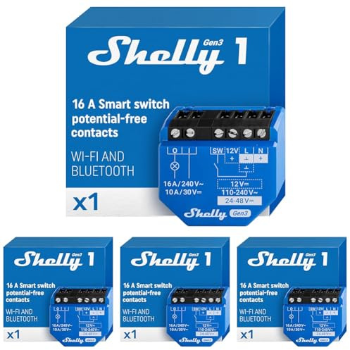 Shelly 1 Gen3 - WLAN Smart-Schalter-Relais mit Potentialfreie Kontakte, 1 Kanal, 16A, Lichtschalter, Garagentoröffner, Smart Home, Zeitschaltuhr, Alexa & Google Home, Kein Hub Erforderlich