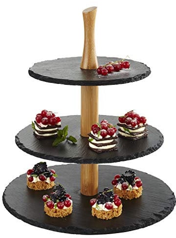 APS 3-stufige Etagere, Schieferplatten, Ø 30 cm, Ø 25 cm, Ø 20 cm, H:34 cm, Akazienholz