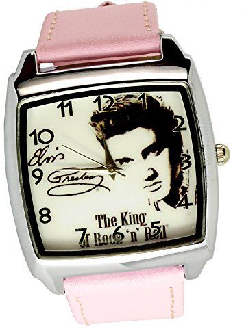 taport® Elvis Presley Quarz Square Armbanduhr Pink Echt Leder Band + Gratis Ersatz Batterie + Gratis Geschenkverpackung