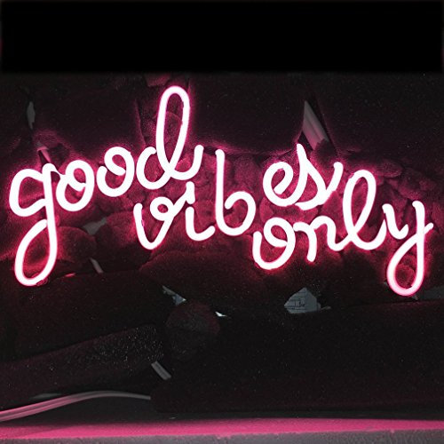 LiQi ™ Good Vibes ONLY Real Glass Handmade Neon Wall Signs for Room Decor Home Bedroom Girls Pub Hotel Beach Cocktail Recreational Game Room (14 x 8,Pink)