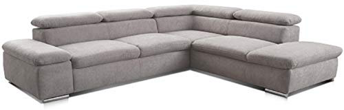 Cavadore Ecksofa Alkatraz / Modernes L-Form Schlafsofa mit Bett, Ottomane und verstellbaren Kopfteilen / Maße: 272 x 73 x 226 / Webstoff, Hellgrau