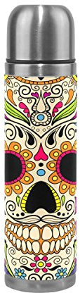 COOSUN Bouteille d'eau isotherme en acier inoxydable avec motif tête de mort mexicaine - Double bouteille isotherme de voyage - Anti-fuite - En cuir synthétique - 500 ml