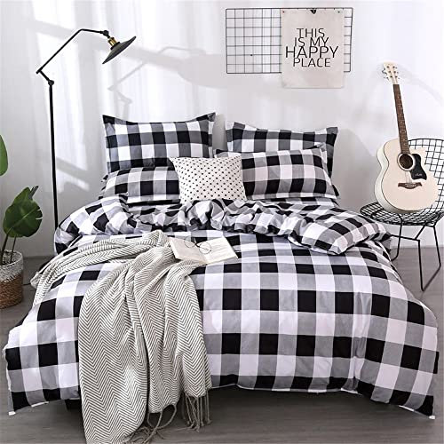 FANSU Housse de Couette à Carreaux 2 Personnes 200x200, Parure de Lit Adulte en Microfibre Bicolore avec Fermeture Éclair Sets de Housse Couette avec 2 Taie d'oreiller (200x200cm, Noir Gris Blanc)