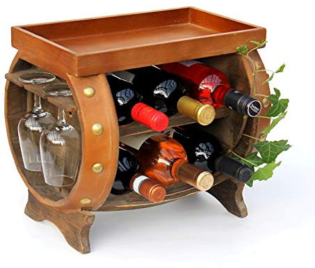 DanDiBo Weinregal Holz Weinfass Braun 33 cm 9064 Bar Flaschenregal Flaschenständer Klein Fass Holzfass mit Glashalter