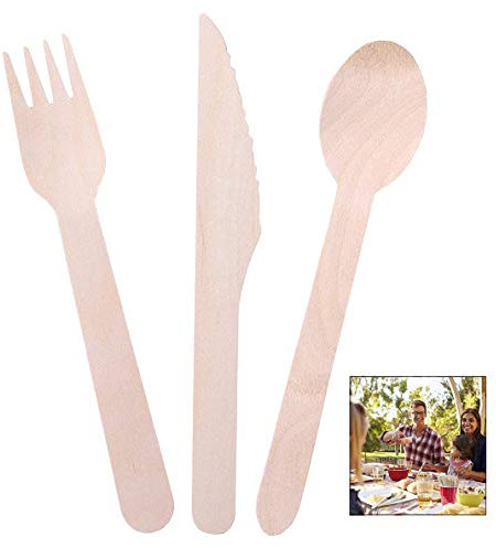 iPobie 100 Pezzi Posate Monouso in Legno,Posate USA e Getta - 100% Naturale, Ecologico, Biodegradabile e Compostabile(40 forchette di Legno, 30 coltelli di Legno e cucchiai di Legno)