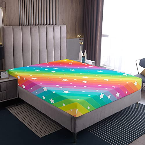Kinder Mädchen 160x200cm Spannbetttuch Regenbogen Sterne Drucken Spannbettlaken Bunt Kleinkind Frauen Farbstreifen Dekorativ Bettlaken Super weich Atmungsaktiv Mikrofaser Boxspringbett Bettlaken