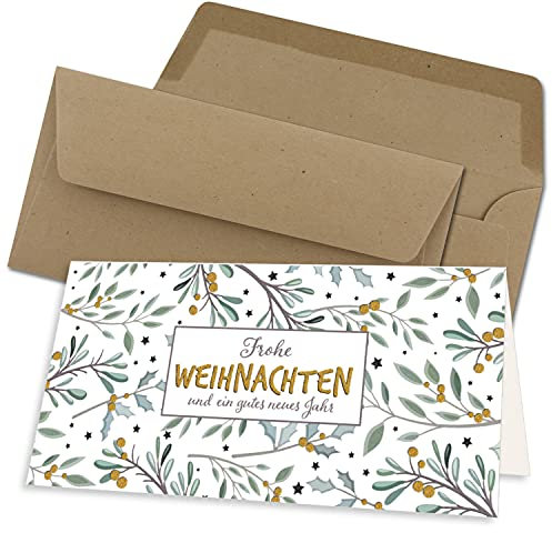 100x Weihnachtskarten-Set DIN Lang in Weiß mit Eukalyptus- und Mistelzweigen - Faltkarten mit Umschlägen DIN Lang Kraftpapier Sandbraun mit Nassklebung - Weihnachtsgrüße für Firmen und Privat