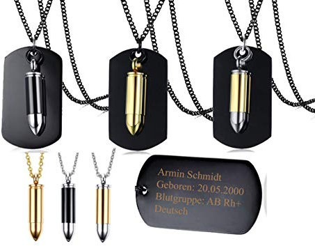 aplusashop ID Dog Tag Black + Patrone und Kette, Edelstahl mit Gravur nach Wunsch Anhänger in 3 Farben (Mit Gravur Patrone gold)