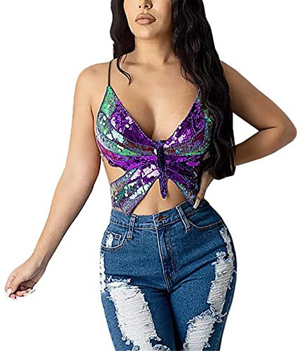 WanWorlder Frauen Sexy Schmetterling Spaghettiträger Tank Top Sexy Pailletten Ärmelloses rückenfreies Röhrenoberteil Schmetterling Enges Leibchen Top Für Mädchen Frauen (Violett C, Freesize)