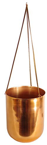 Leaf Copper Hanging Planter, Leather, 18cm wide x 22cm high (60cm high including straps)