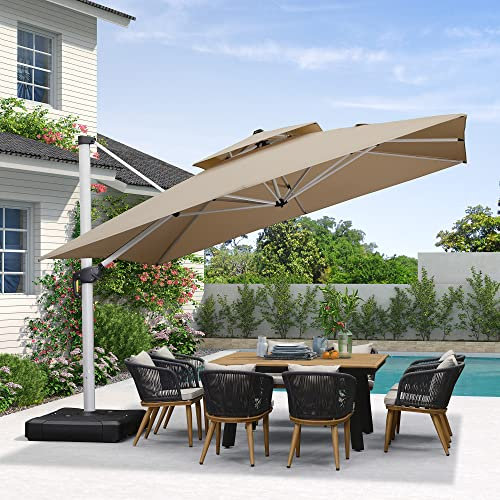 PURPLE LEAF Parasol Déporté 3,65 x 3,65 m Carré, Parasol De Jardin Extérieur, Toit à Double Rotatif 360°, Parasol Excentré Inclinable, Pour Terrasses, Piscines, Beige