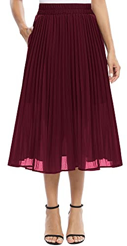 EXCHIC Damen Fließender Chiffon Elastisch Taille Midi Rock Freizeit A-Linie Knielange Falten Rock mit Tasche (L, Weinrot)