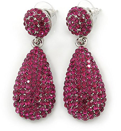 Pendientes de lágrima de cristal de color fucsia, tono plateado, 48 mm de largo, talla única, Chapado en rodio, Crystal