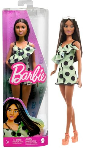 Barbie HPF76 - Kinderspielzeuge und Geschenke, braunhaarig mit gepunktetem Jumpsuit, Fashionistas, Kleidung und Zubehör, ab 3 Jahren
