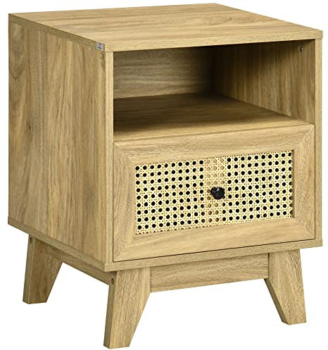 HOMCOM Table de Chevet Table de Nuit Meuble de Rangement avec tiroir Porte cannage et Niche Design Vintage 45 x 39 x 56,5 cm