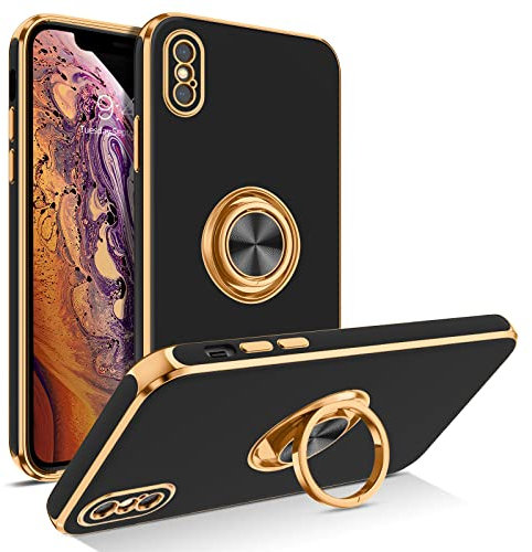 BENTOBEN for iPhone XS Max Phone Cases with Ring, Holder Edge Plating Rotation Kickstand Soft Silicone TPU Bumper Slim Flexible Shockproof Protective Cover for iPhone XS Max Black