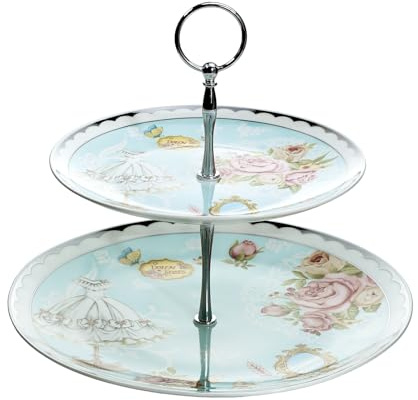 Bicuzat Elegant Ceramic Blue Vintage Flowers 2-Tier Cake Stand/Cupcake Stand/Pastry Serving Cake Stand, Princess Skirt and Mirror
