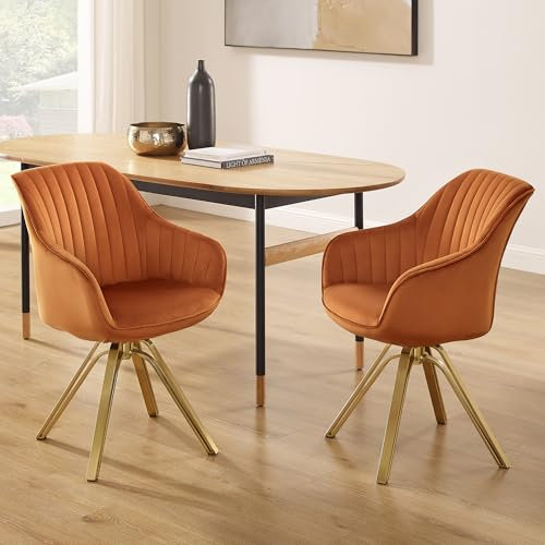 Zouron Chaise de Salle à Manger (Lot de 2), Chaise pivotante (360°), Fauteuil en Velours, Chaise de Bureau avec Pieds dorés, Chaise de Cuisine avec accoudoirs et Assise rembourrée, Orange