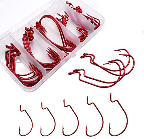 INMOFN Offset Worm Hooks for Bass Fishing 50pcs High Carbon Steel Wide Gap Bait Jig Salt or Freshwater Gold/Red Fishing Hooks for Bass Trout with Box 5 Size #1/0-5/0 (Red)