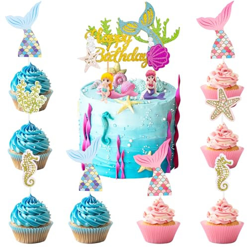 ENLACE Meerjungfrau Tortendeko Geburtstag Mädchen, 13 Stück Cake Topper, Kuchen Deko, Happy Birthday Tortenaufsatz für Kinder