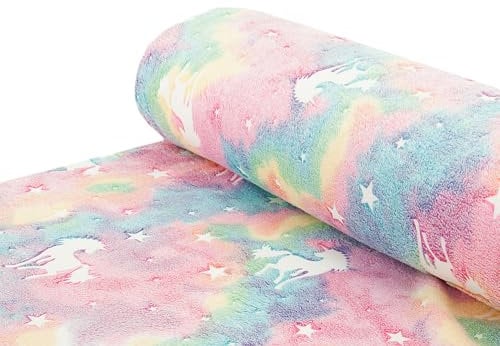 Wellnessfleece Stoff Fleece Coralfleece leuchtet im Dunkeln Einhorn bunt Regenbogen - Meterware ab 25 cm x 165 cm - Stoff zum Nähen