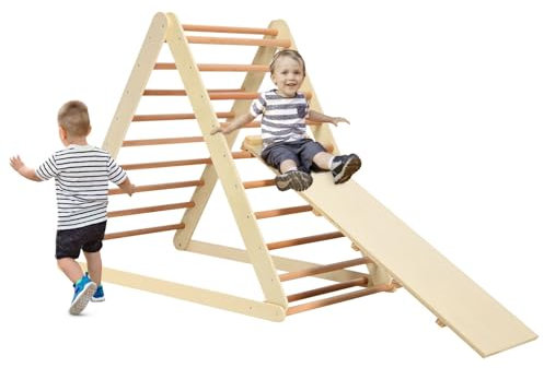 Maxmass 2 in 1 Kids Climbing Ladder, Wooden Children Climber with Removable Ramp, Indoor Folding Toddler Gym Activity Center for Climbing, Sliding (Natural)