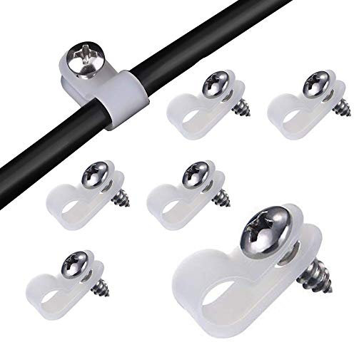 VIPMOON 120P R Tipo Abrazaderas de Cable, Nylon R-Type Clips de Cable Pared con Tornillos, Abrazadera para Cables Ridas, Bridas para Cables, Fijador de Cables para Oficina Casa, TV PC USB, Blanco