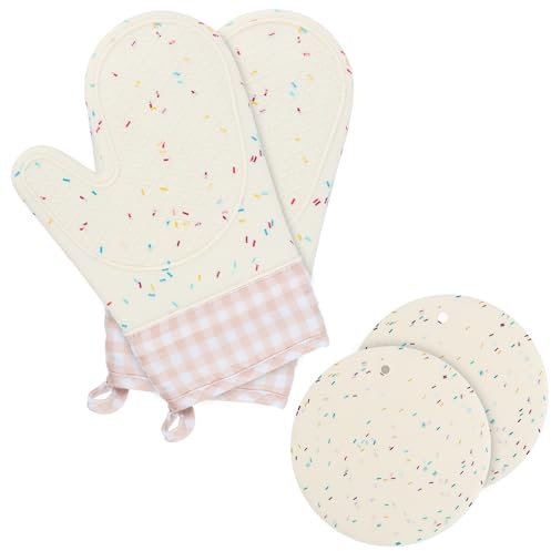 2 Gants de Four et 2 Maniques Cuisine, RISVOWO Gant Four Anti Chaleur Lot de 4, Gants de Cuisson avec Silicone Antidérapant, pour la Cuission et Le Micro-Ondes