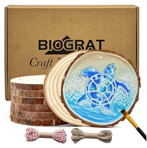 BIOGRAT Holzscheiben 11-12 cm mit Loch, 8 Stücke Baumscheiben zum Basteln, ca. 1 cm dick, mit 2 Schnüren für Weihnachtsdeko, Kunst, Handwerk, DIY