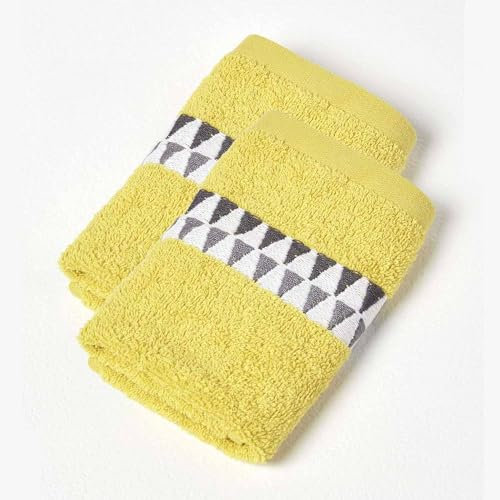 Homescapes 2er-Set Seiftücher Ocker mit Bordüre, Handtuch 30x30 cm aus 100% Baumwolle mit Borte mit Dreiecksmuster – weich, saugfähig & schnelltrocknend