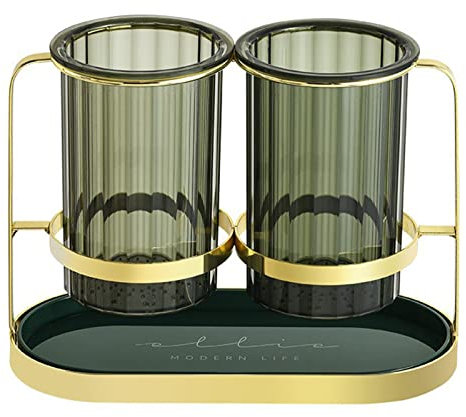 Escurridor De Cubiertos, Soporte De Secado De Palillos, Palillos Transparentes De Hierro PET, Caddy De Secado Para Cucharas, Tenedor Y Cocina(Verde y dorado)